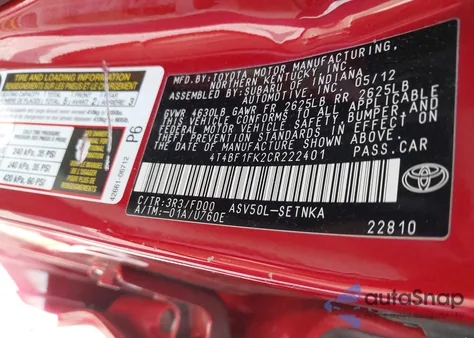 2012 Toyota Camry Le из США, поврежденный, VIN 4T4BF1FK2CR222401